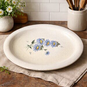 Vintage Studio Pottery Platter, 1980's Blue Floral Daisy Stoneware Serving Tray
